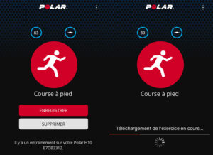 Application Polar Flow sur un smartphone et montre Polar avec capteur cardiaque.
