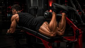 Pratiquant réalisant un leg curl assis sur machine, cuisses maintenues par le boudin et genoux fléchis