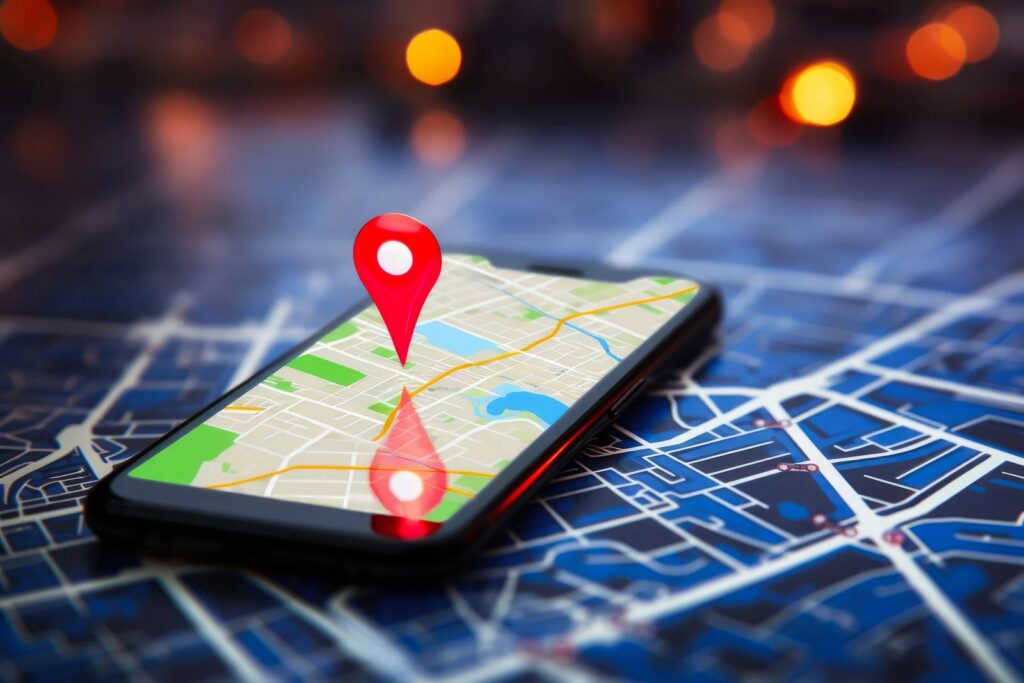 Petit boîtier traceur GPS posé à côté d'un smartphone affichant une position